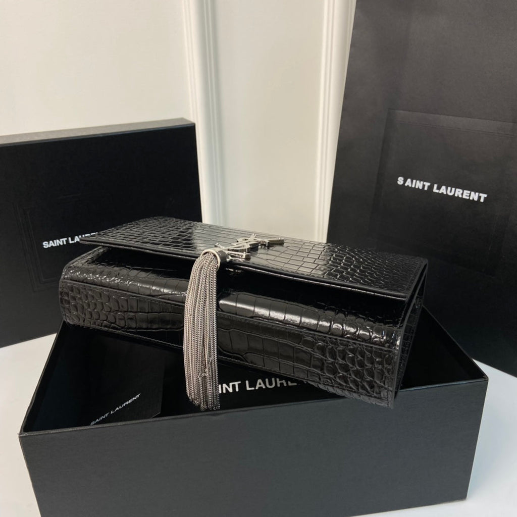 SAINT LAURENT KATE TASSEL 24 CROCODILE PATTERN CALFSKIN BLACK WITH SILVER LOGO