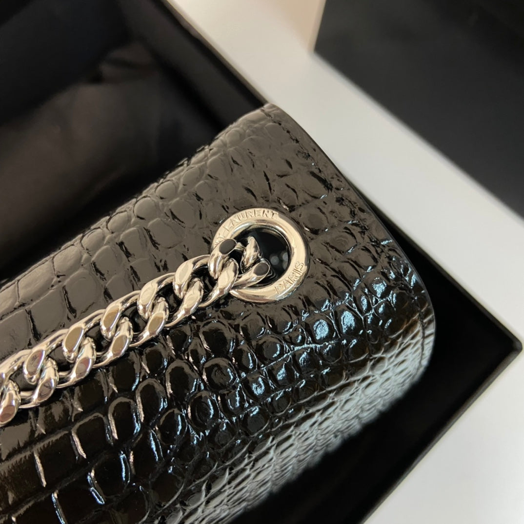 SAINT LAURENT KATE TASSEL 24 CROCODILE PATTERN CALFSKIN BLACK WITH SILVER LOGO