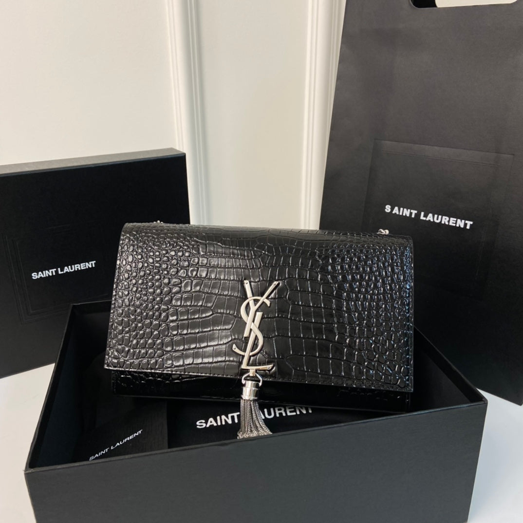 SAINT LAURENT KATE TASSEL 24 CROCODILE PATTERN CALFSKIN BLACK WITH SILVER LOGO
