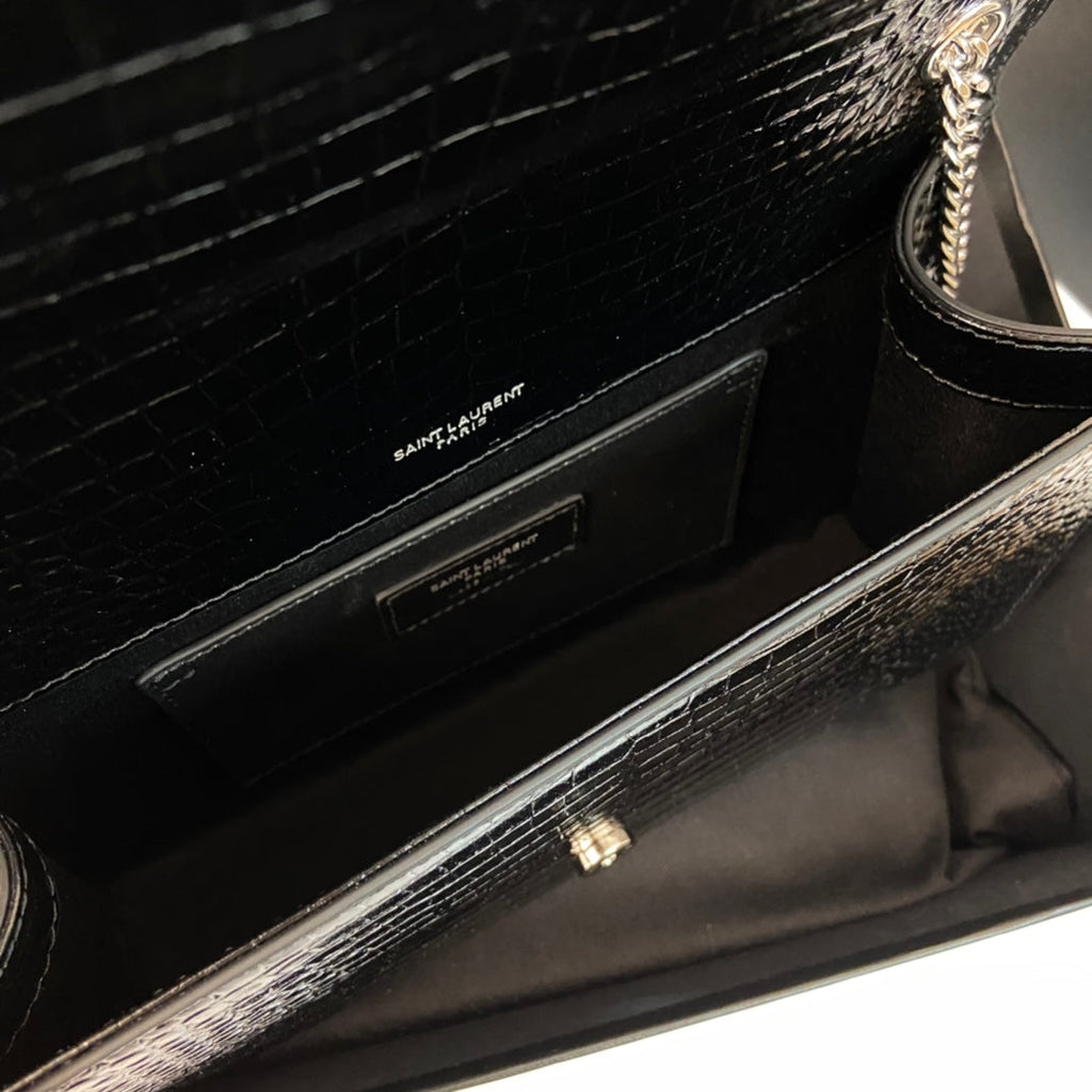 SAINT LAURENT KATE TASSEL 24 CROCODILE PATTERN CALFSKIN BLACK WITH SILVER LOGO