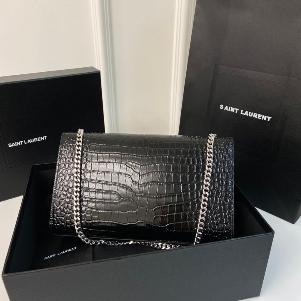 SAINT LAURENT KATE TASSEL 24 CROCODILE PATTERN CALFSKIN BLACK WITH SILVER LOGO