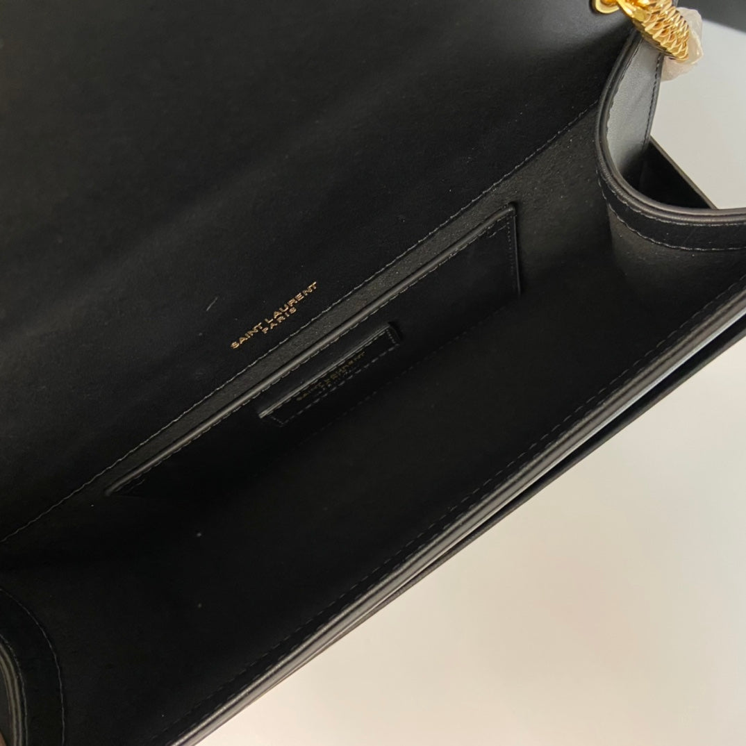 SAINT LAURENT KATE TASSEL 24 BLACK CALFSKIN WITH GOLD LOGO