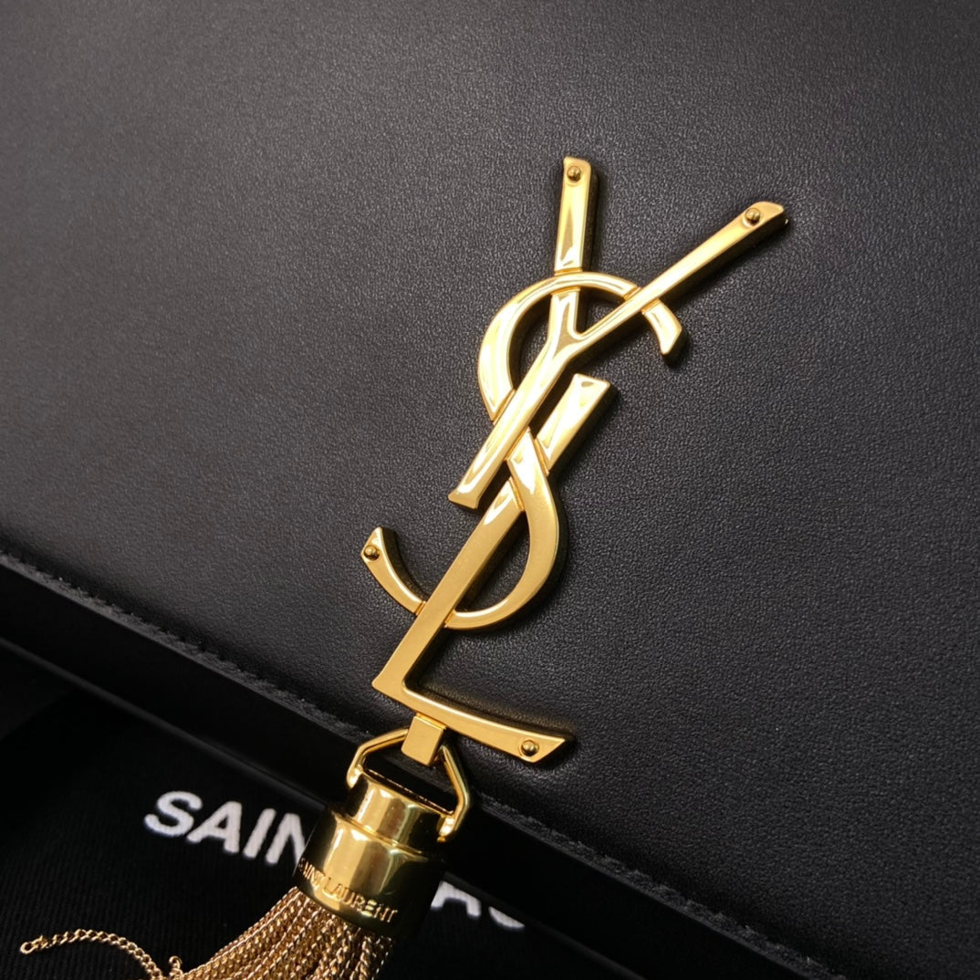 SAINT LAURENT KATE TASSEL 24 BLACK CALFSKIN WITH GOLD LOGO