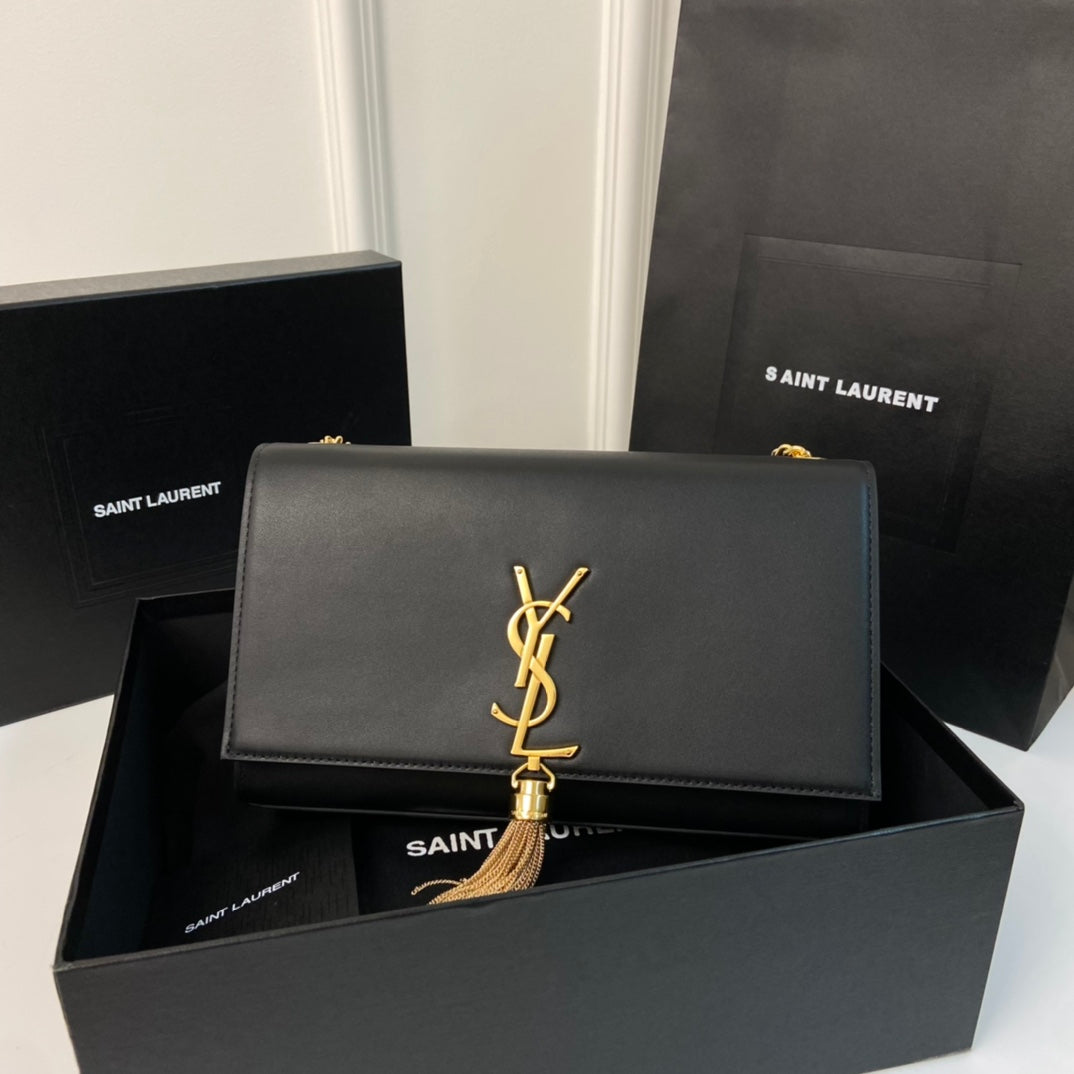 SAINT LAURENT KATE TASSEL 24 BLACK CALFSKIN WITH GOLD LOGO