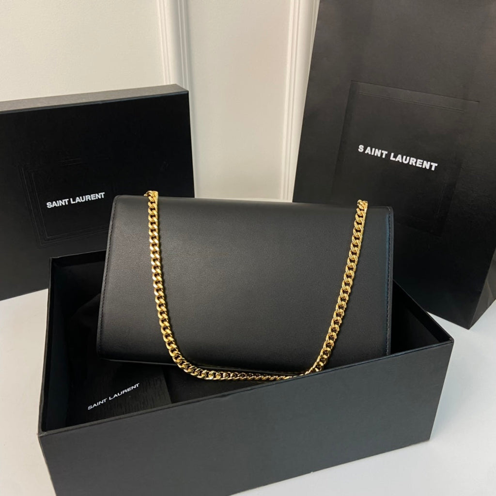 SAINT LAURENT KATE TASSEL 24 BLACK CALFSKIN WITH GOLD LOGO