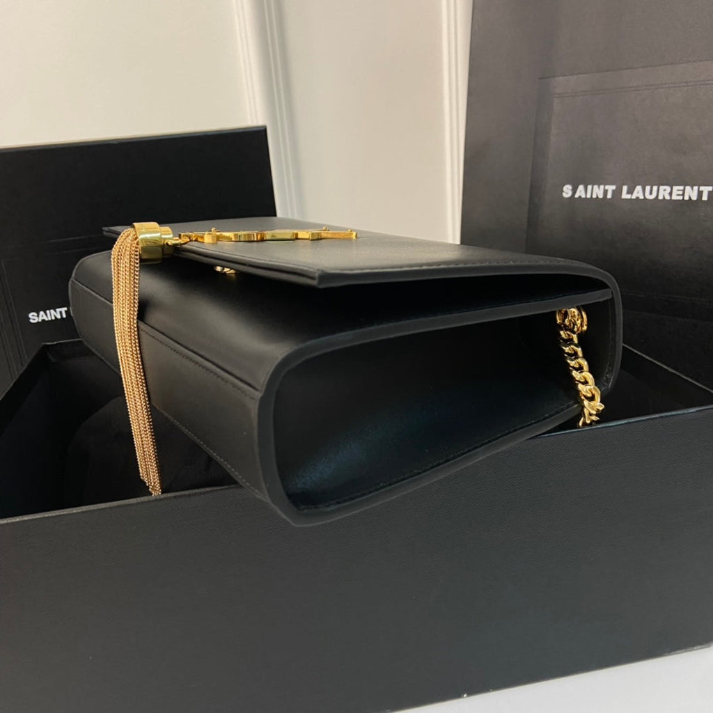 SAINT LAURENT KATE TASSEL 24 BLACK CALFSKIN WITH GOLD LOGO