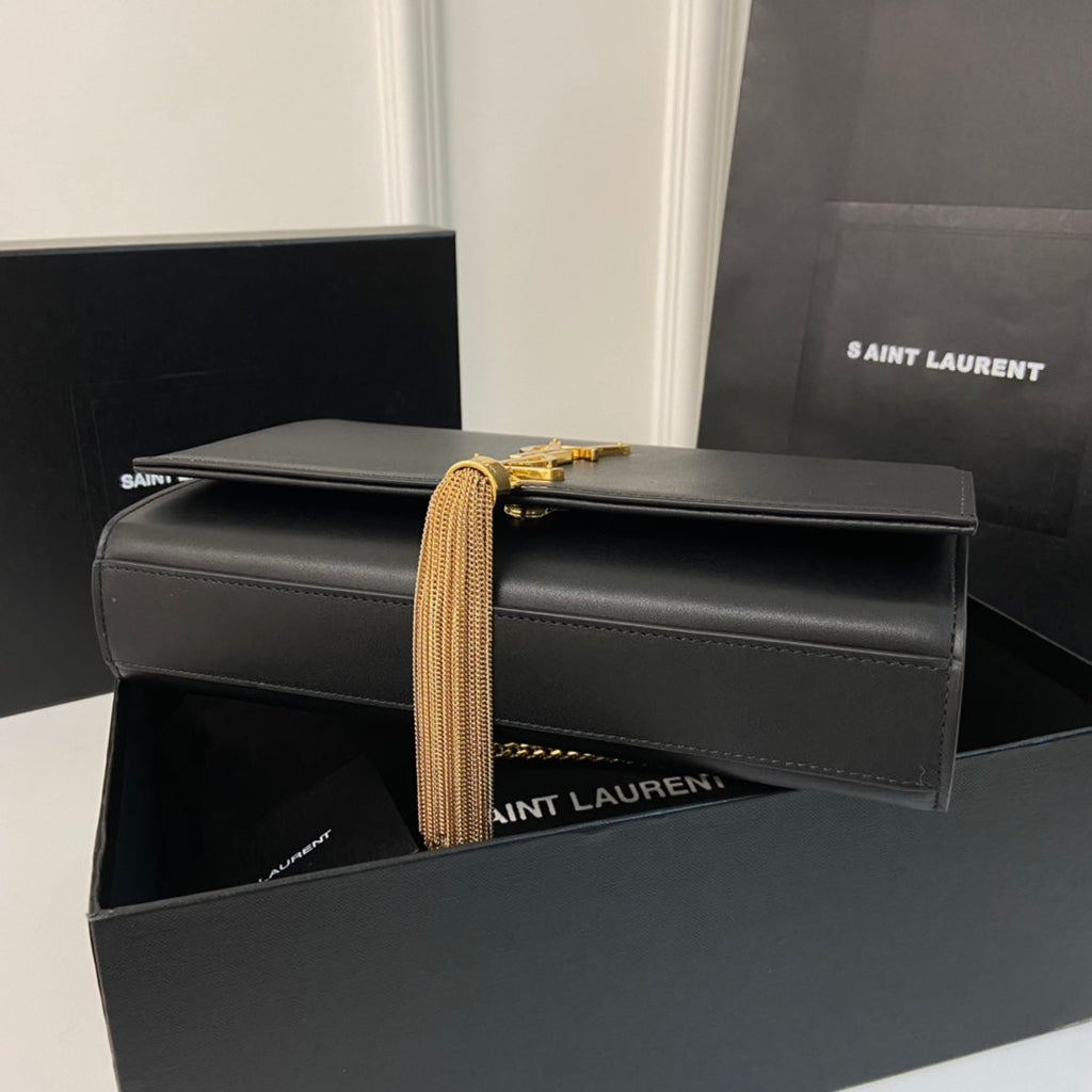SAINT LAURENT KATE TASSEL 24 BLACK CALFSKIN WITH GOLD LOGO