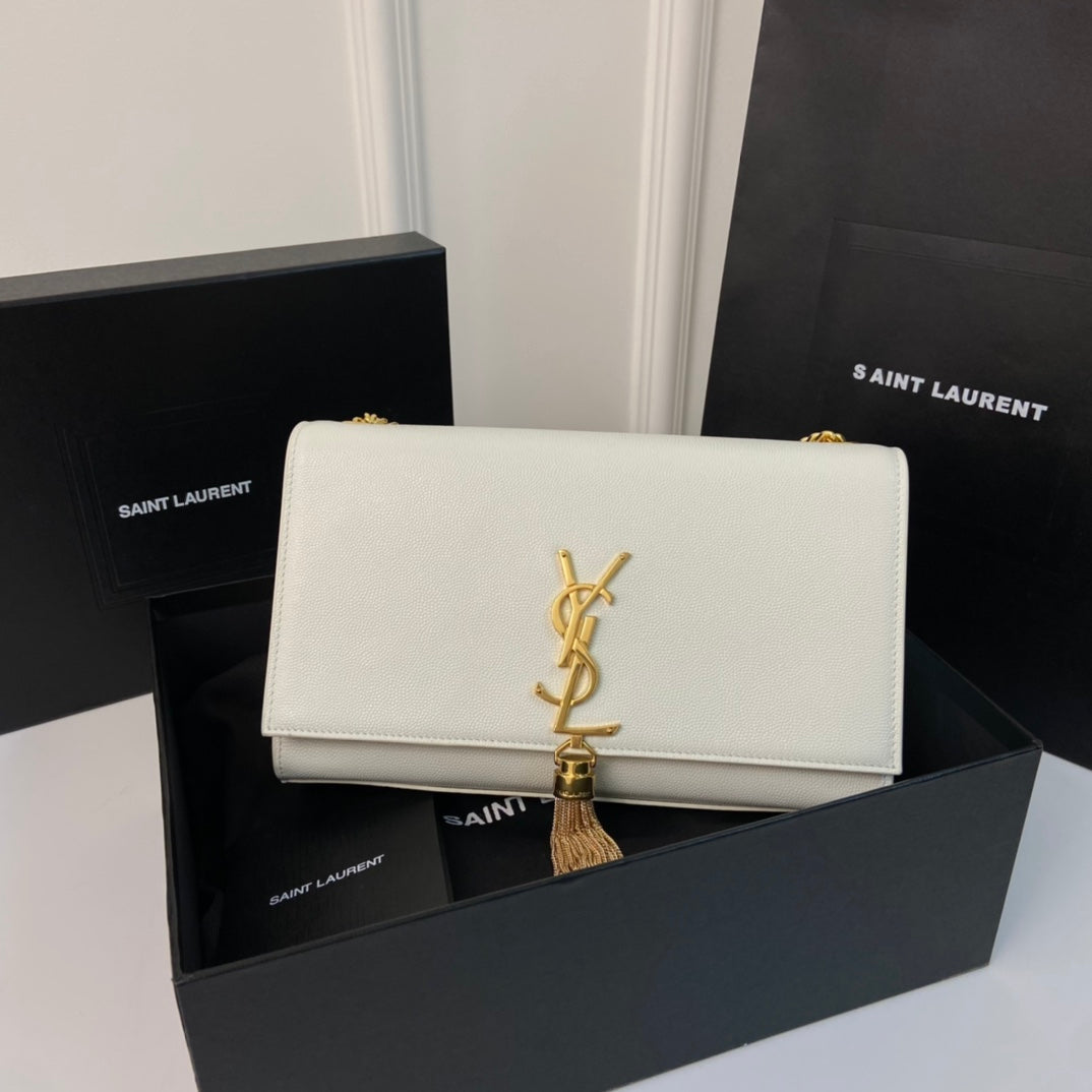 SAINT LAURENT KATE TASSEL 24 WHITE CALFSKIN WITH GOLD LOGO