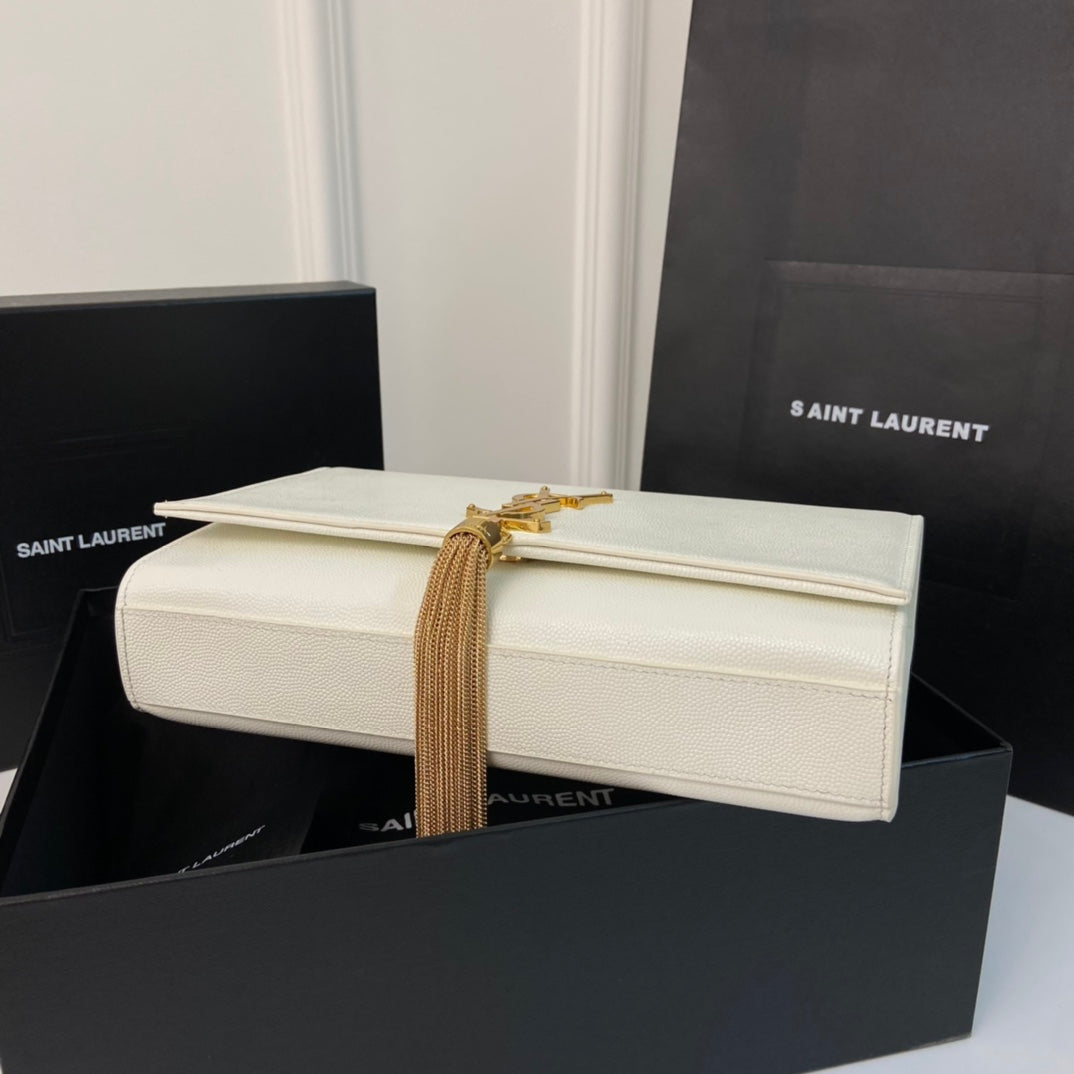 SAINT LAURENT KATE TASSEL 24 WHITE CALFSKIN WITH GOLD LOGO