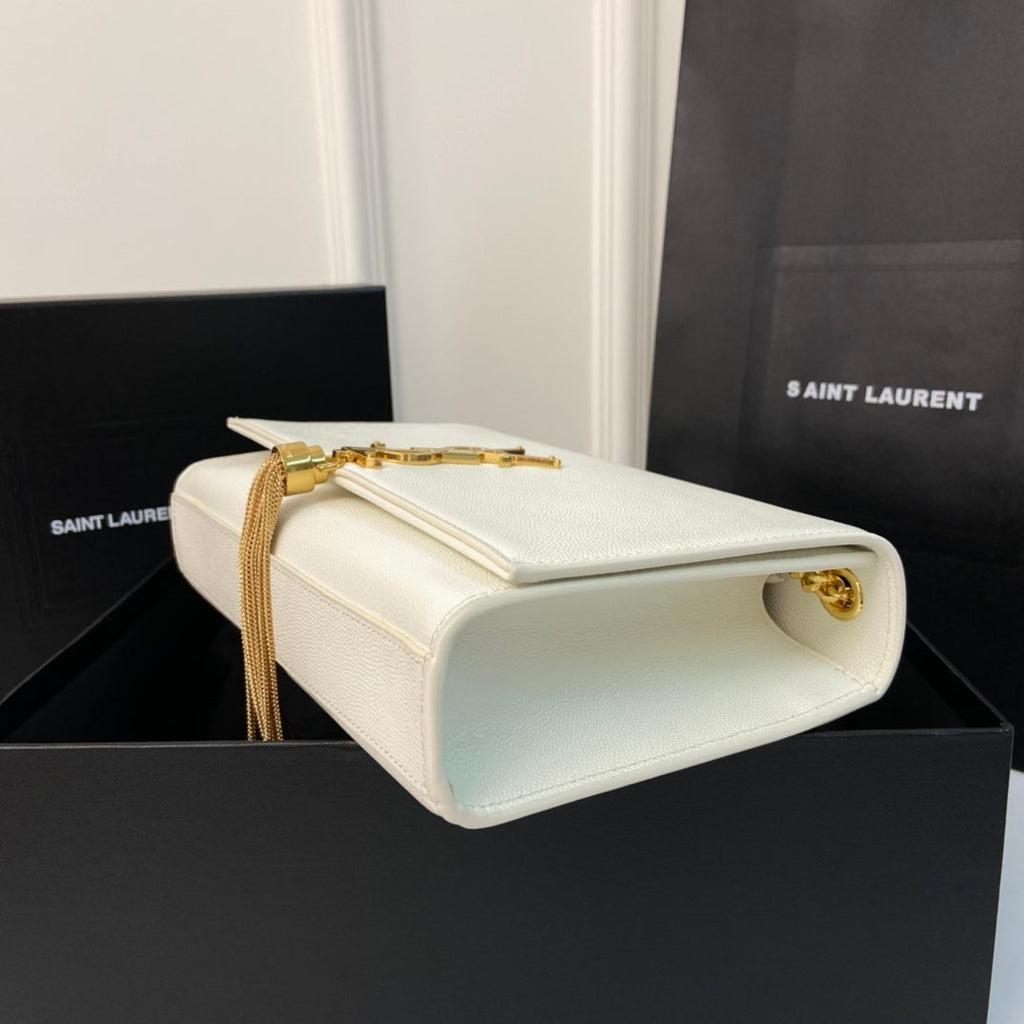 SAINT LAURENT KATE TASSEL 24 WHITE CALFSKIN WITH GOLD LOGO