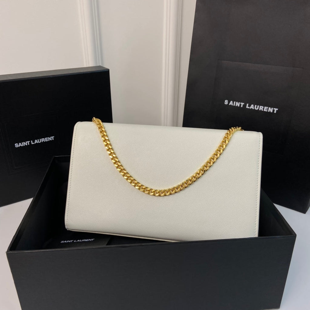 SAINT LAURENT KATE TASSEL 24 WHITE CALFSKIN WITH GOLD LOGO