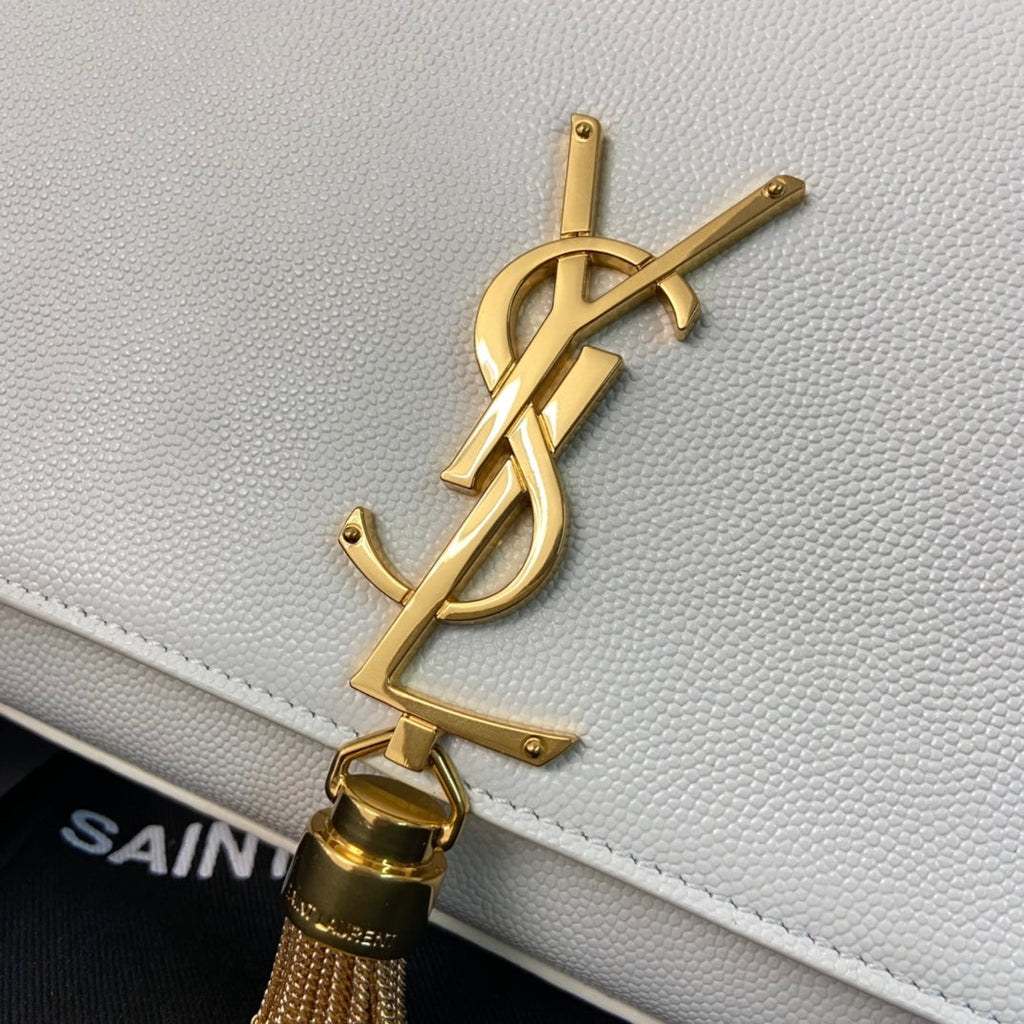 SAINT LAURENT KATE TASSEL 24 WHITE CALFSKIN WITH GOLD LOGO