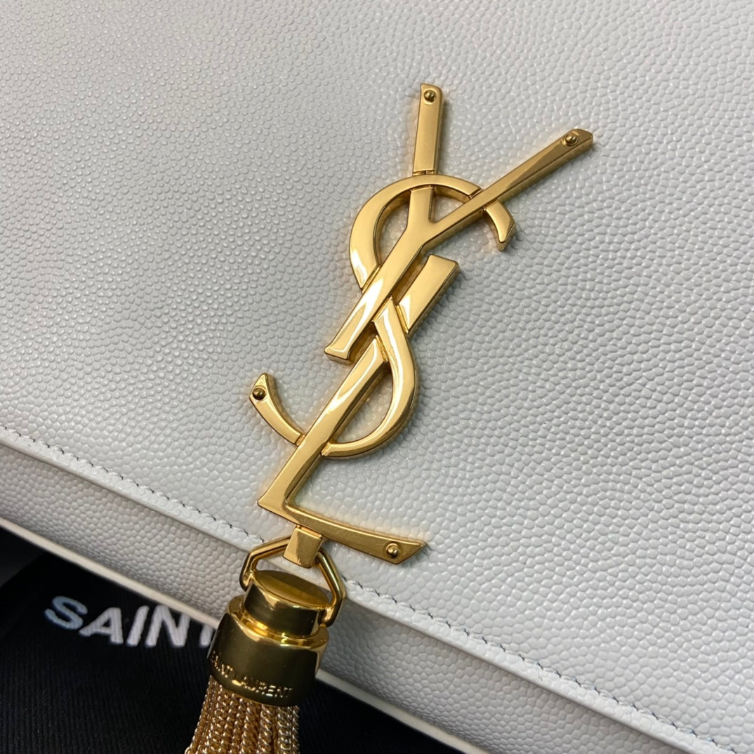 SAINT LAURENT KATE TASSEL 24 WHITE CALFSKIN WITH GOLD LOGO