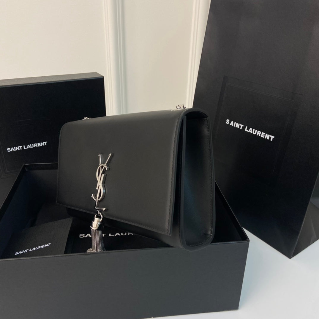 SAINT LAURENT KATE TASSEL 24 BLACK CALFSKIN WITH SILVER LOGO
