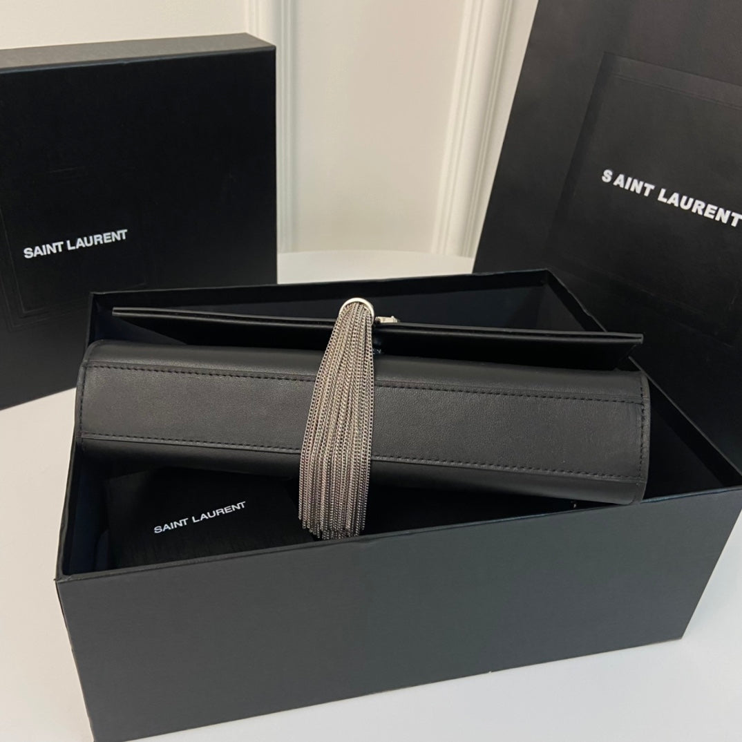 SAINT LAURENT KATE TASSEL 24 BLACK CALFSKIN WITH SILVER LOGO