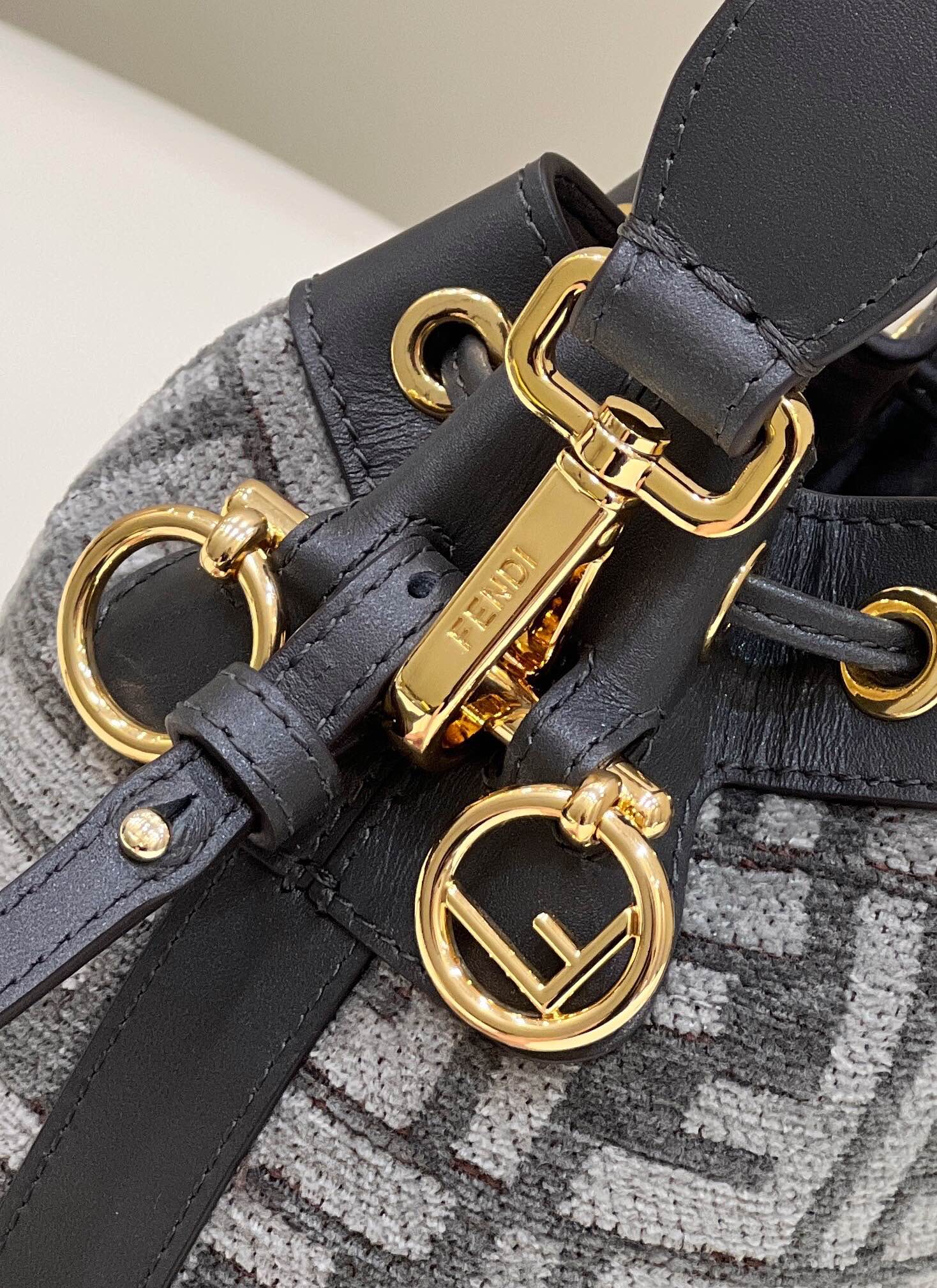FENDI MON TRESOR MINI 18 BAG IN BLACK MIX GREY FF FABRIC WITH GOLD HARDWARE