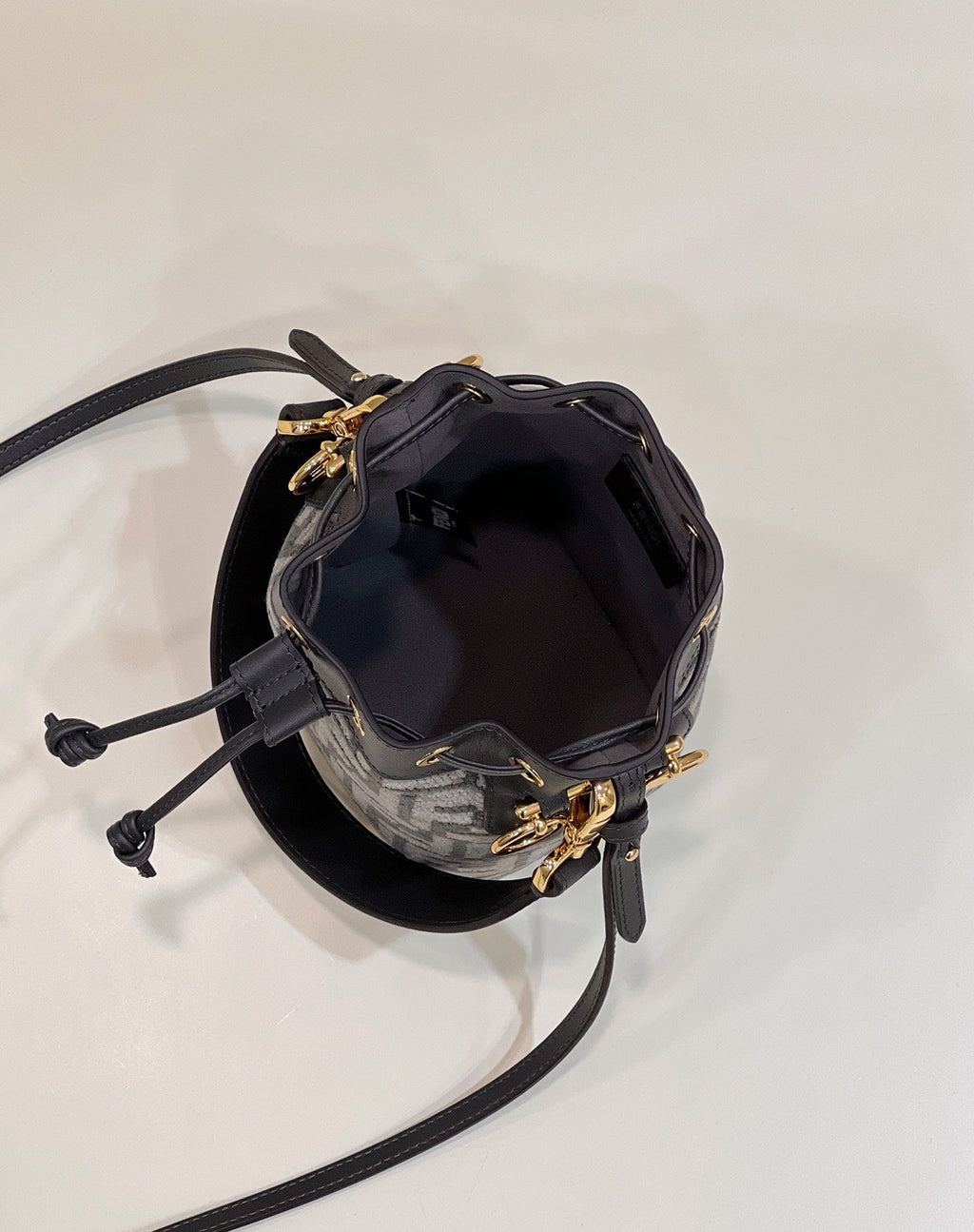 FENDI MON TRESOR MINI 18 BAG IN BLACK MIX GREY FF FABRIC WITH GOLD HARDWARE