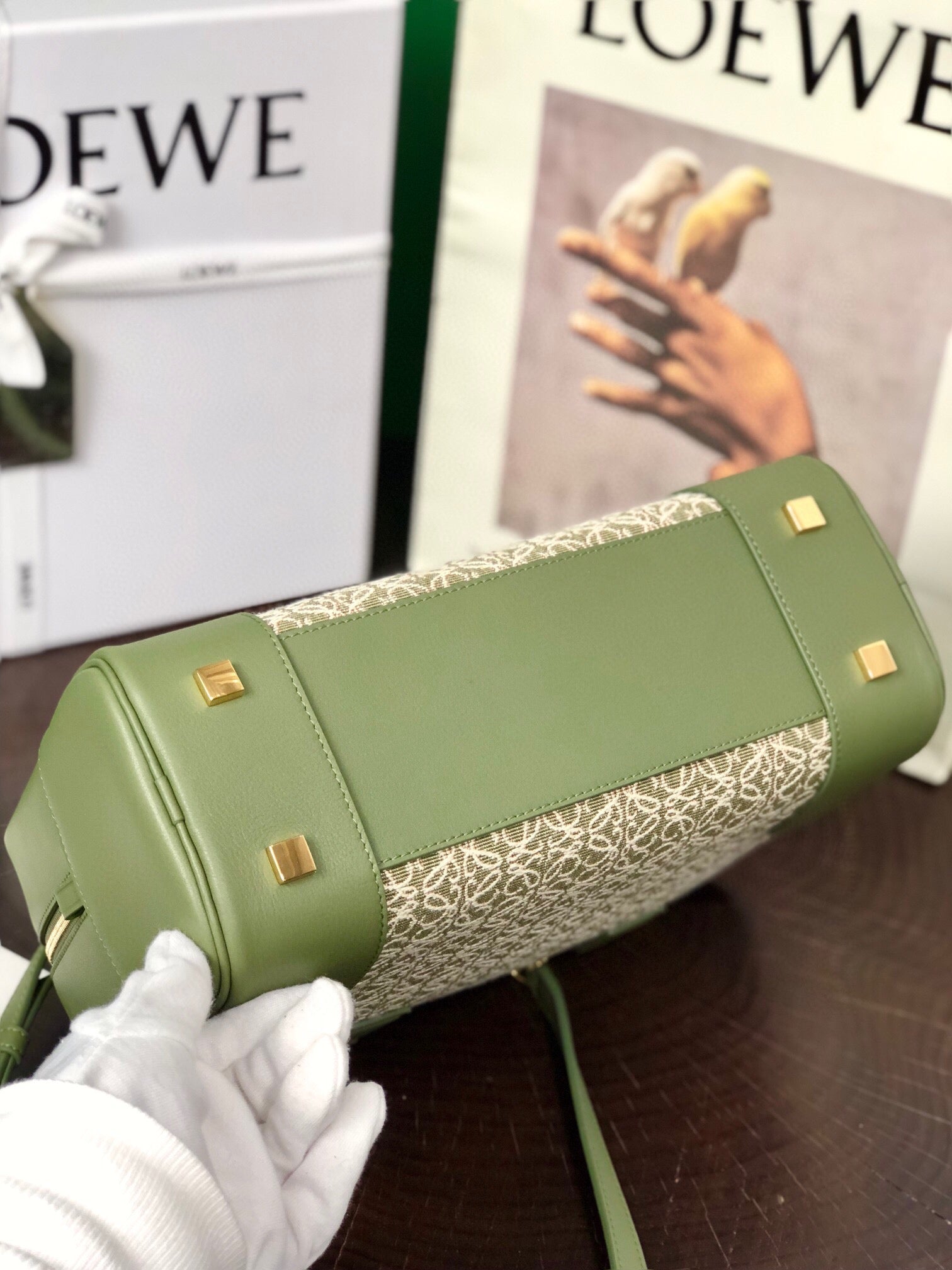 LOEWE LOE AMAZONA 28 BAG IN OLIVE GREEN CALFSKIN AND BEIGE MONOGRAM FABRIC