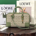 LOEWE LOE AMAZONA 28 BAG IN OLIVE GREEN CALFSKIN AND BEIGE MONOGRAM FABRIC
