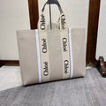CHLOE LAGRE WOODY TOTE BAG 45 IN BEIGE LINEN CANVAS BLACK WEBBING LOGO EMBROIDER WHITE CALFSKIN