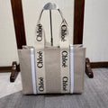 CHLOE MEDIUM WOODY TOTE BAG 37 IN BEIGE LINEN CANVAS WEBBING BLACK LOGO EMBROIDER WHITE CALFSKIN