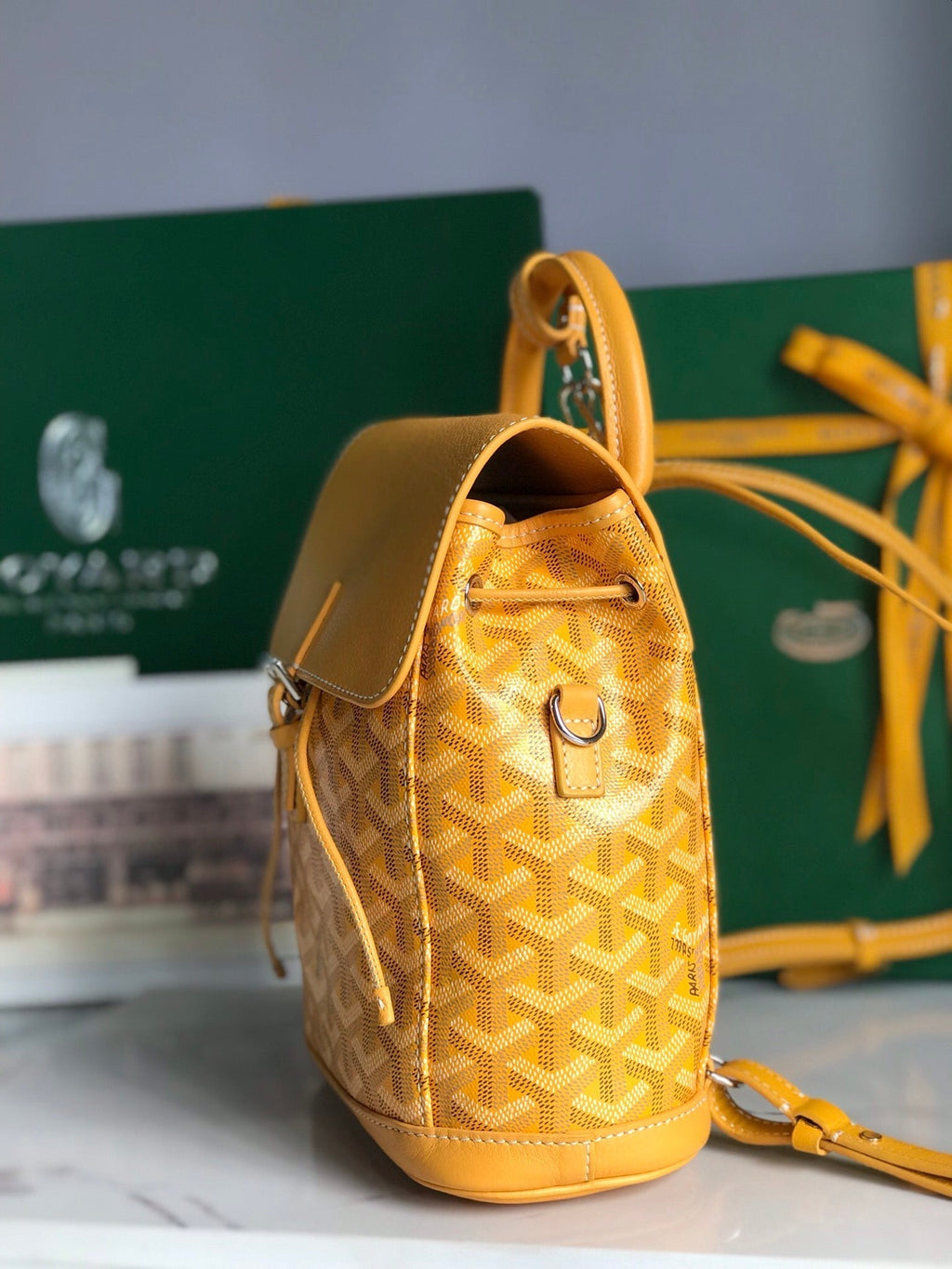 GOYARD ALPIN MINI BACKPACK 21 IN YELLOW LAMBSKIN AND GOYARDINE CANVAS