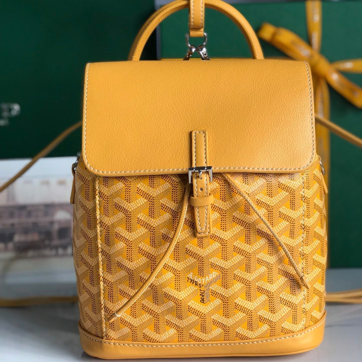 GOYARD ALPIN MINI BACKPACK 21 IN YELLOW LAMBSKIN AND GOYARDINE CANVAS