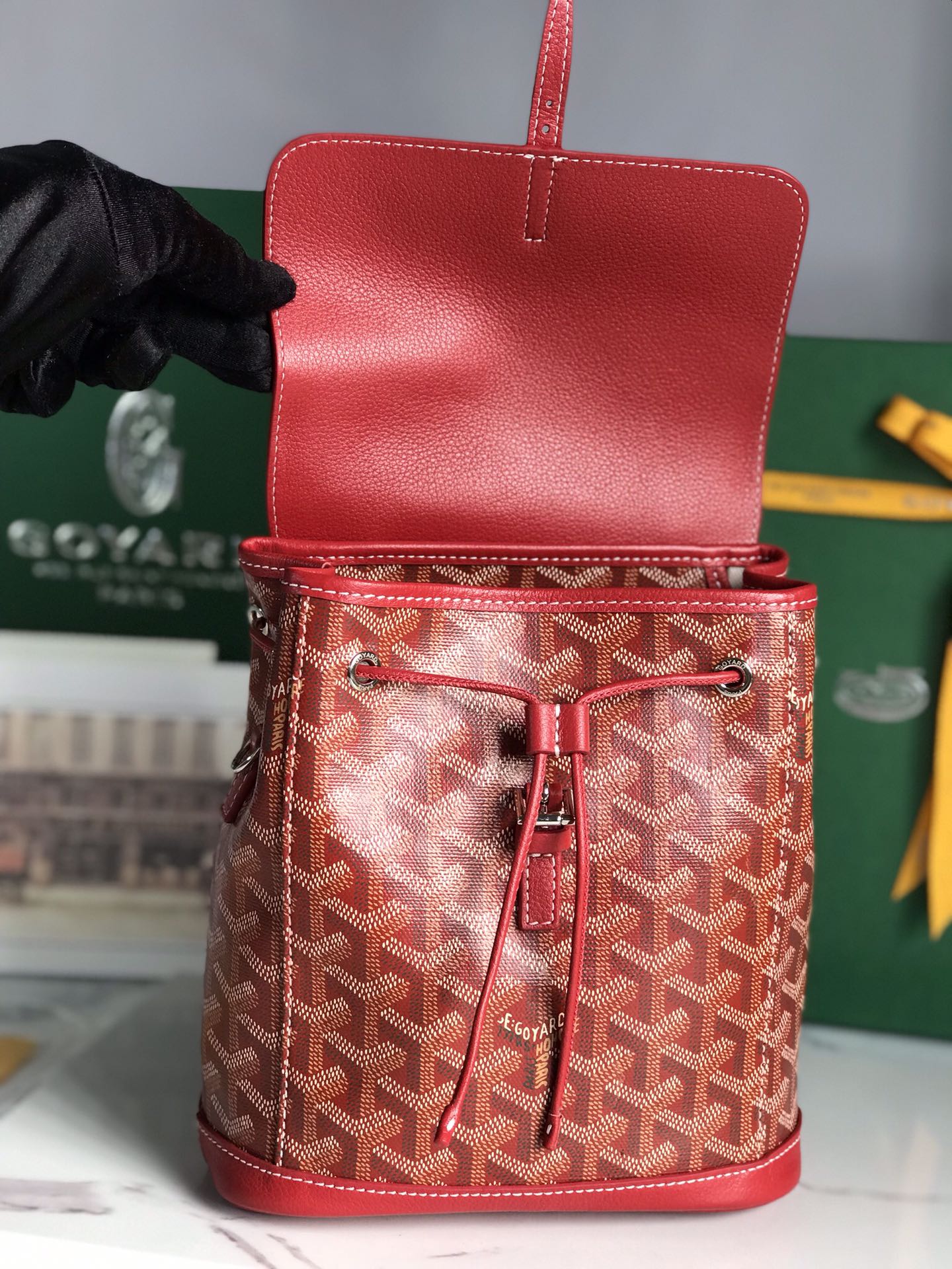 GOYARD ALPIN MINI BACKPACK 21 IN CLASSIC RED LAMBSKIN AND GOYARDINE CANVAS