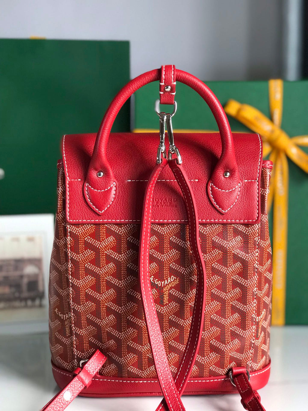 GOYARD ALPIN MINI BACKPACK 21 IN CLASSIC RED LAMBSKIN AND GOYARDINE CANVAS