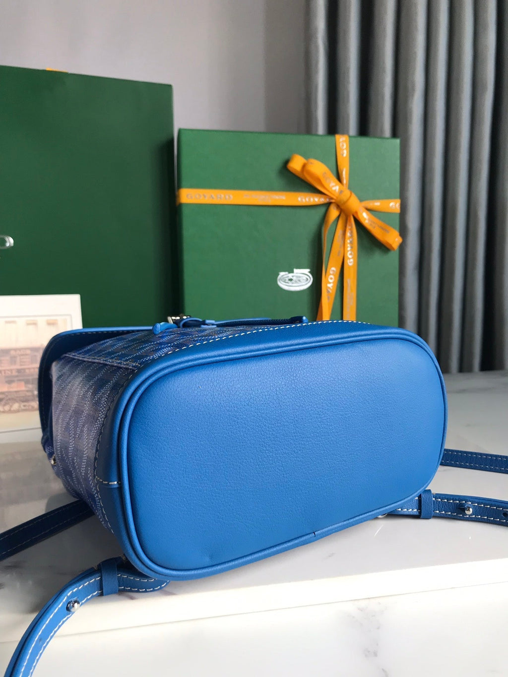 GOYARD ALPIN MINI BACKPACK 21 IN SAPPHIRE BLUE LAMBSKIN AND GOYARDINE CANVAS