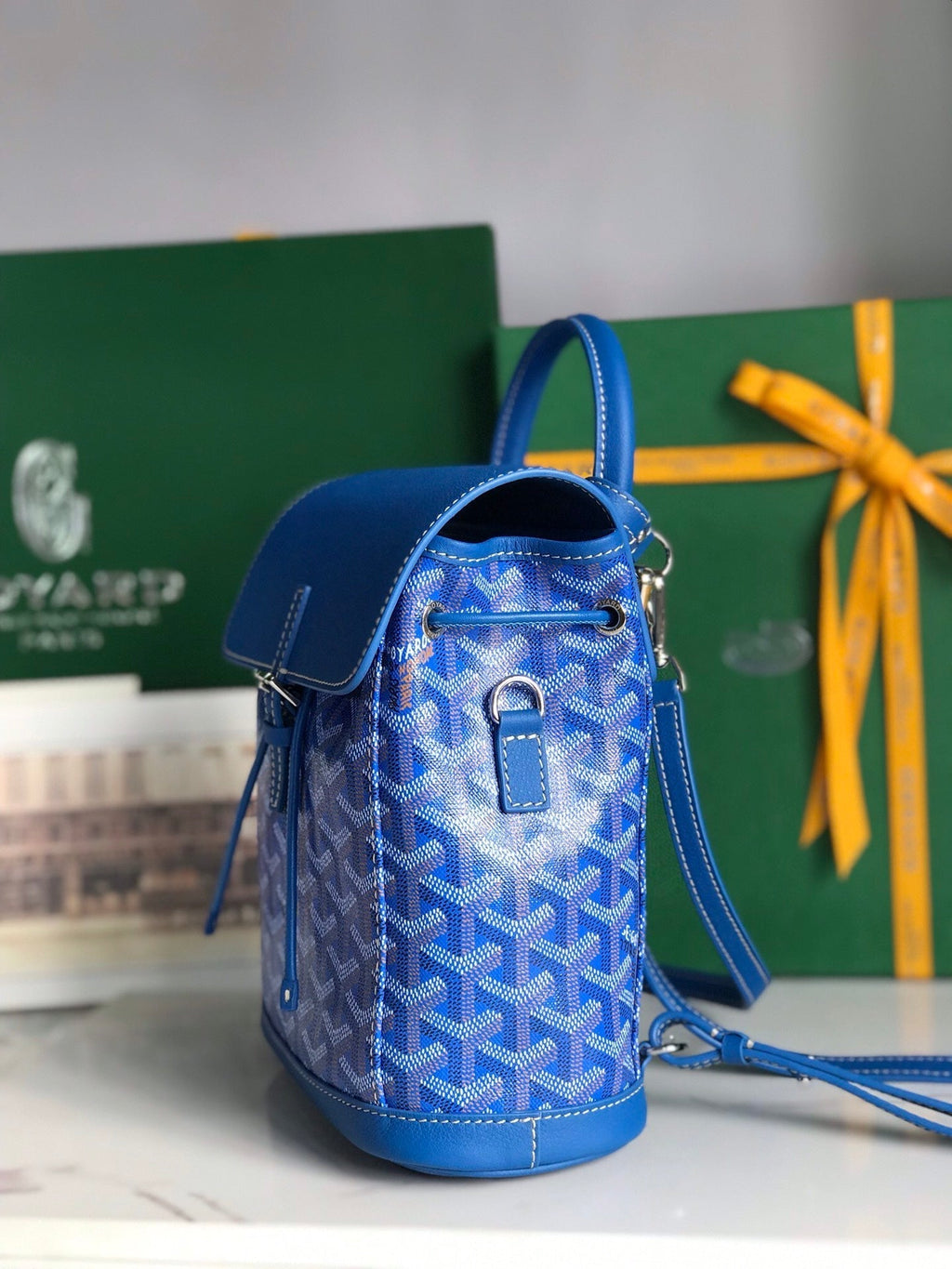 GOYARD ALPIN MINI BACKPACK 21 IN SAPPHIRE BLUE LAMBSKIN AND GOYARDINE CANVAS