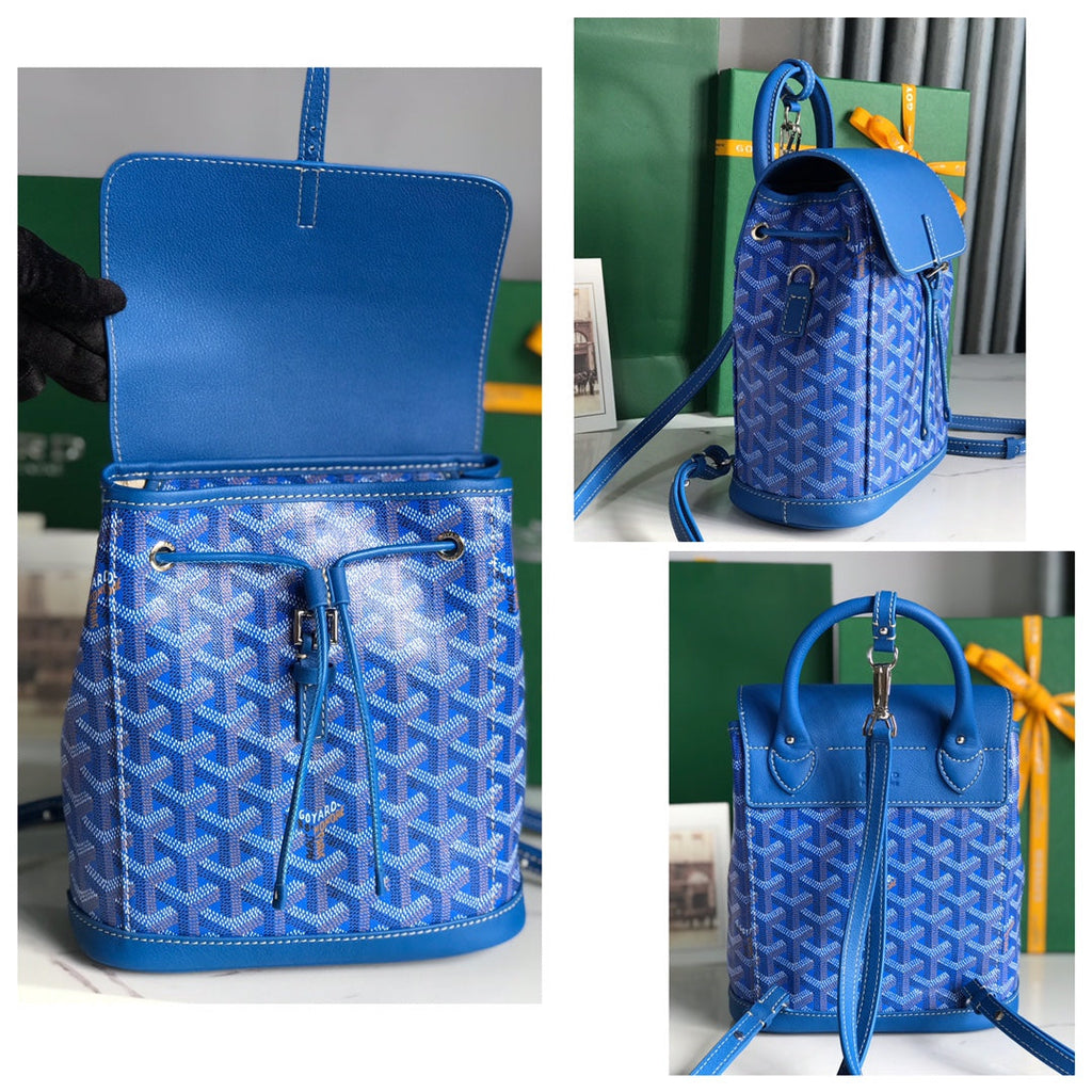 GOYARD ALPIN MINI BACKPACK 21 IN SAPPHIRE BLUE LAMBSKIN AND GOYARDINE CANVAS