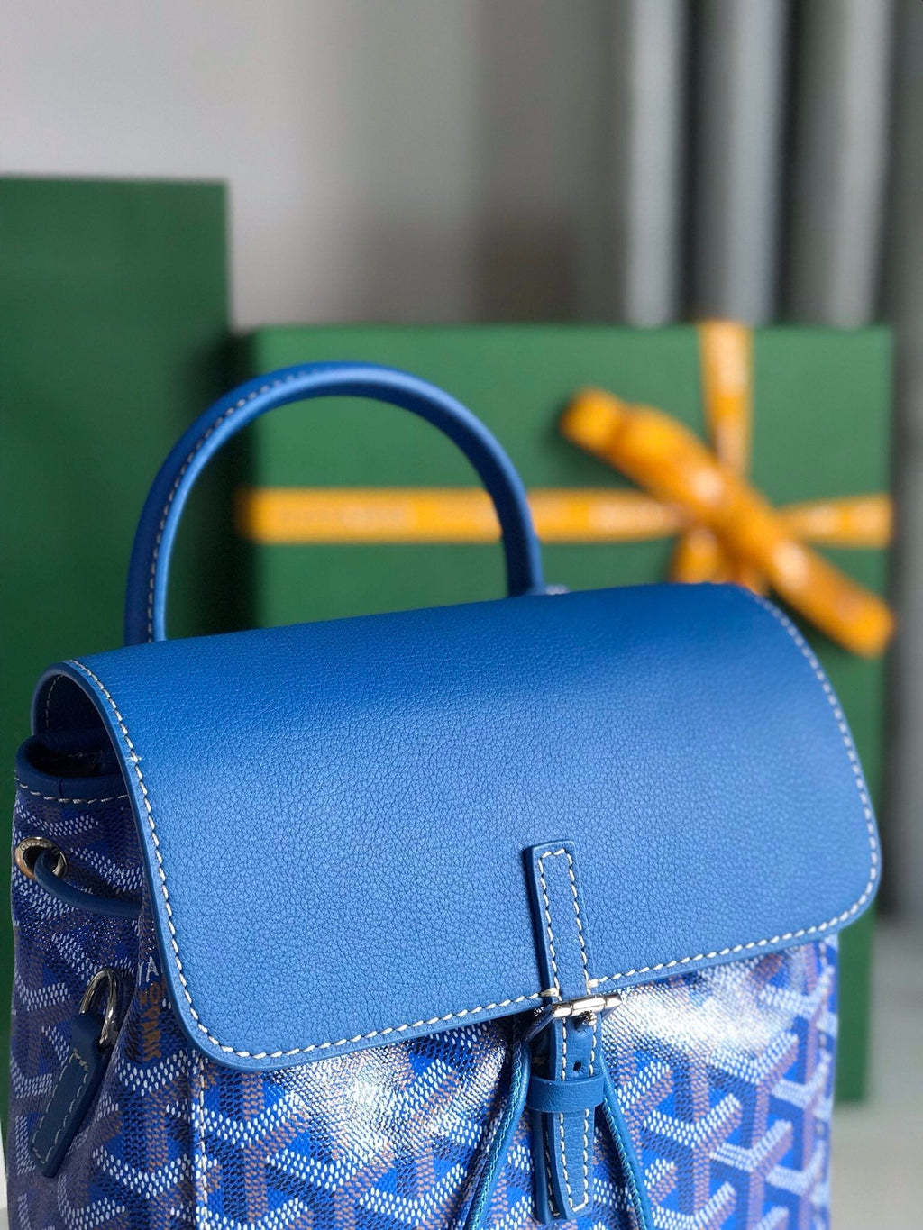 GOYARD ALPIN MINI BACKPACK 21 IN SAPPHIRE BLUE LAMBSKIN AND GOYARDINE CANVAS