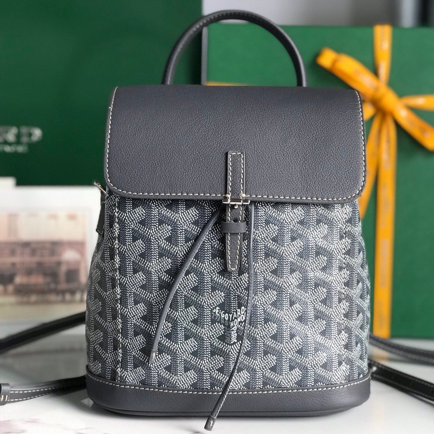 GOYARD ALPIN MINI BACKPACK 21 IN GRAY LAMBSKIN AND GOYARDINE CANVAS