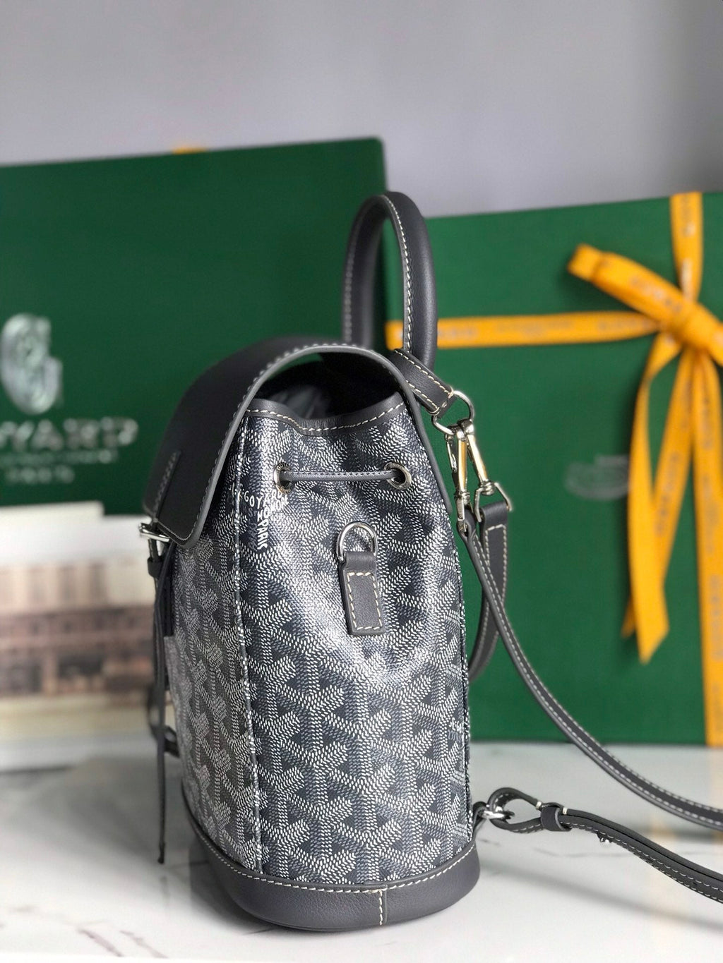 GOYARD ALPIN MINI BACKPACK 21 IN GRAY LAMBSKIN AND GOYARDINE CANVAS