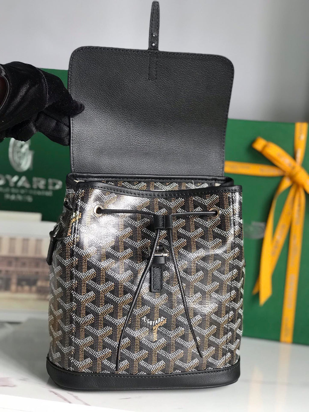 GOYARD ALPIN MINI BACKPACK 21 IN BLACK LAMBSKIN AND GOYARDINE CANVAS