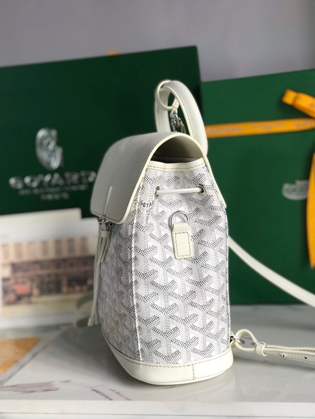 GOYARD ALPIN MINI BACKPACK 21 IN WHITE LAMBSKIN AND GOYARDINE CANVAS