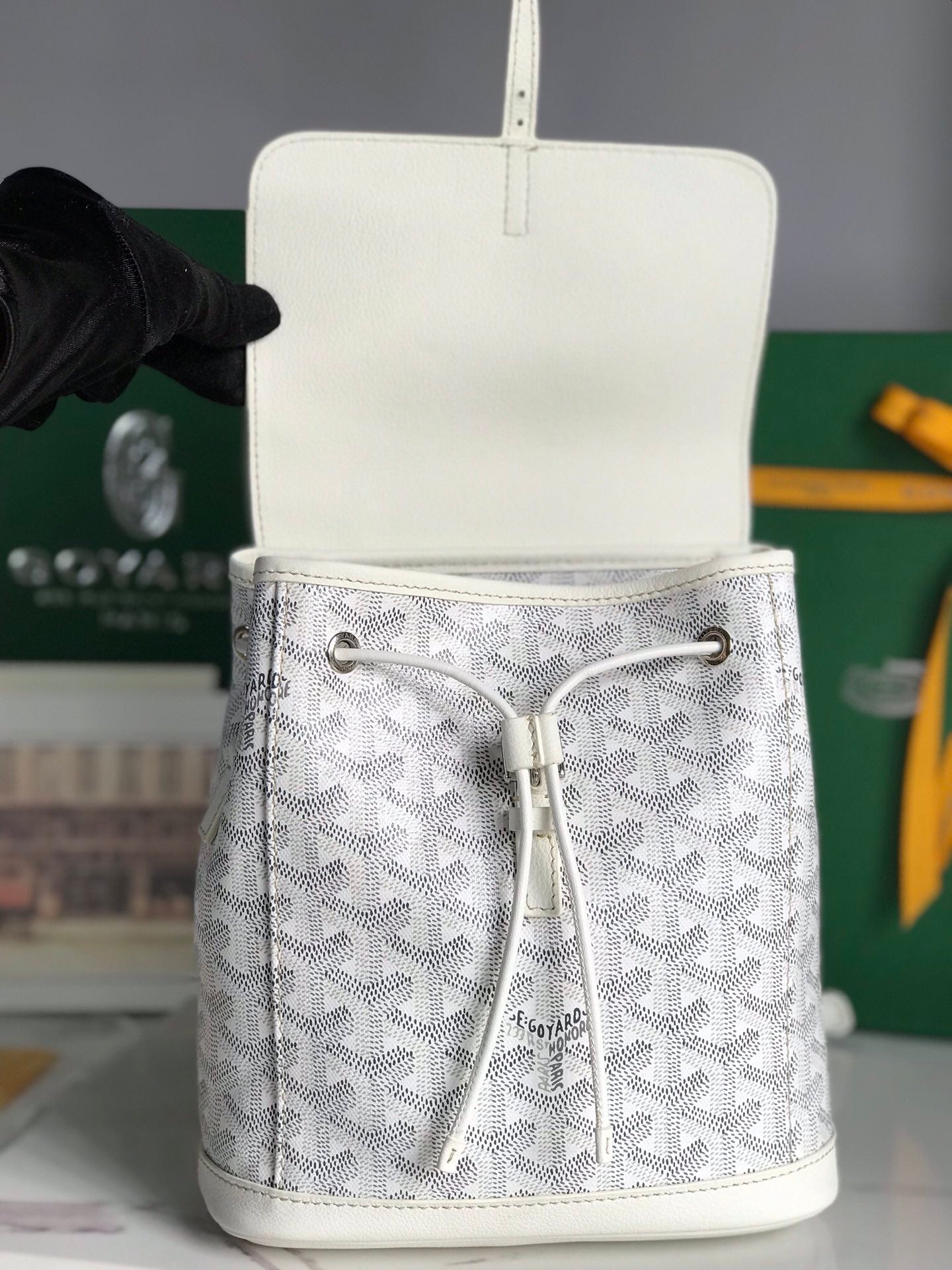 GOYARD ALPIN MINI BACKPACK 21 IN WHITE LAMBSKIN AND GOYARDINE CANVAS