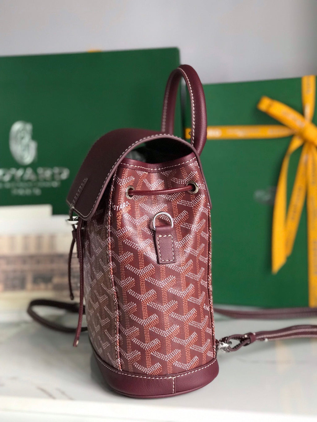 GOYARD ALPIN MINI BACKPACK 21 IN WINE RED LAMBSKIN AND GOYARDINE CANVAS