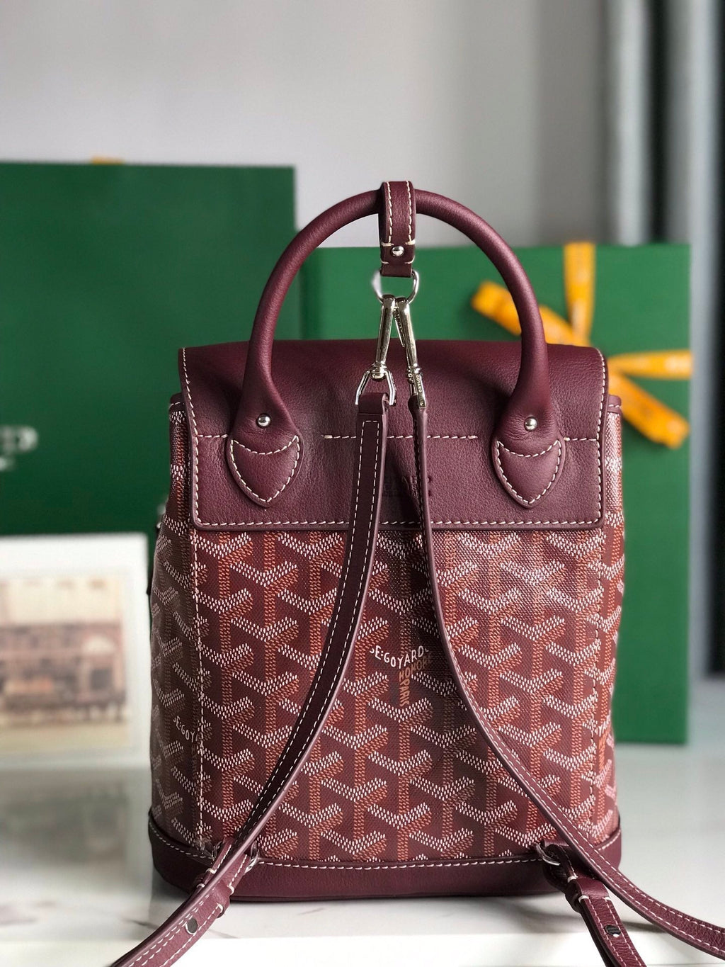 GOYARD ALPIN MINI BACKPACK 21 IN WINE RED LAMBSKIN AND GOYARDINE CANVAS