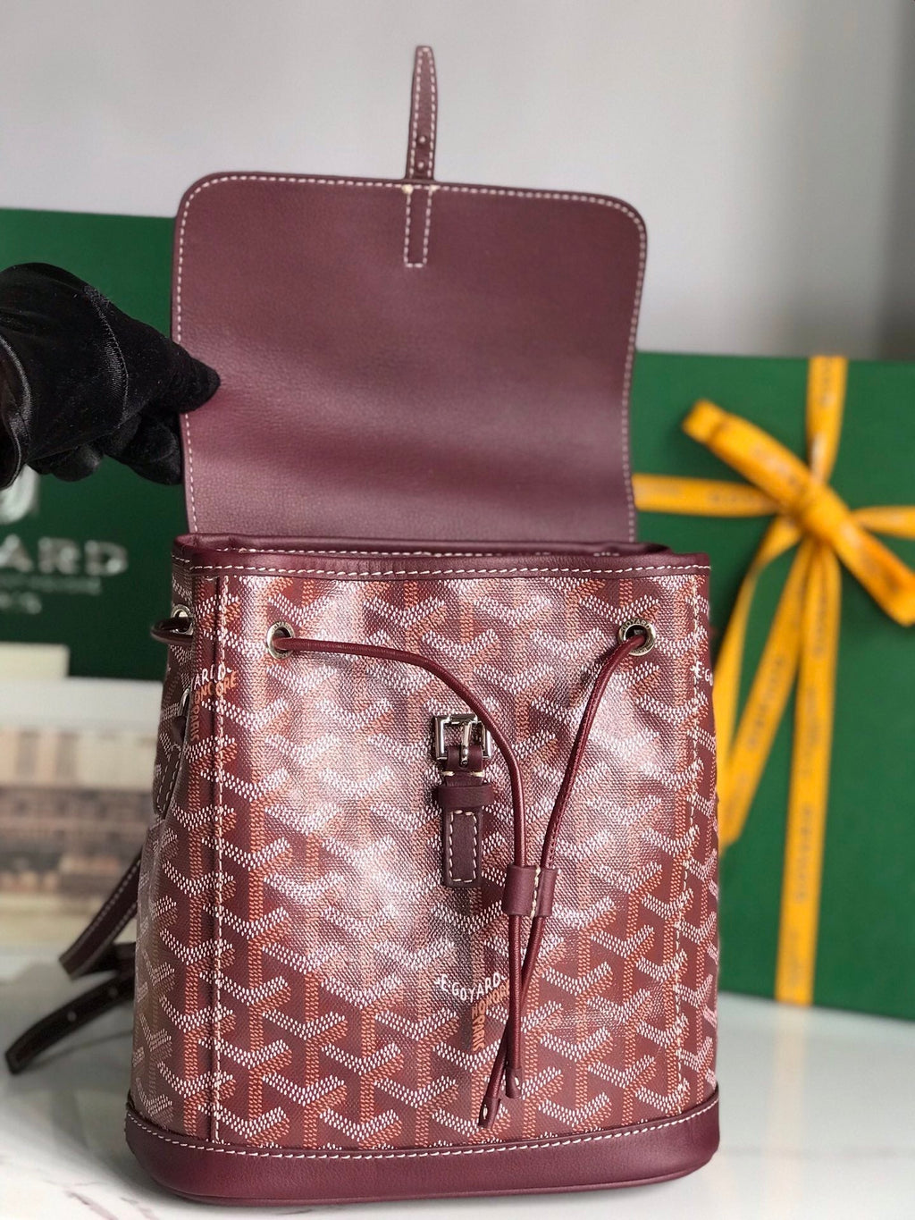 GOYARD ALPIN MINI BACKPACK 21 IN WINE RED LAMBSKIN AND GOYARDINE CANVAS