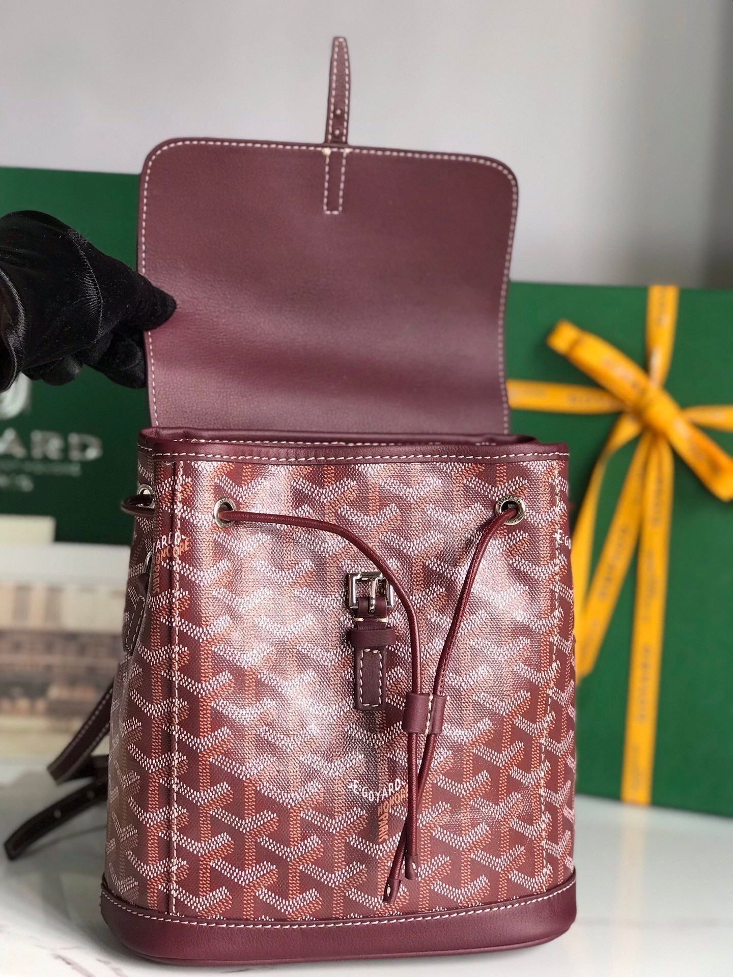 GOYARD ALPIN MINI BACKPACK 21 IN WINE RED LAMBSKIN AND GOYARDINE CANVAS
