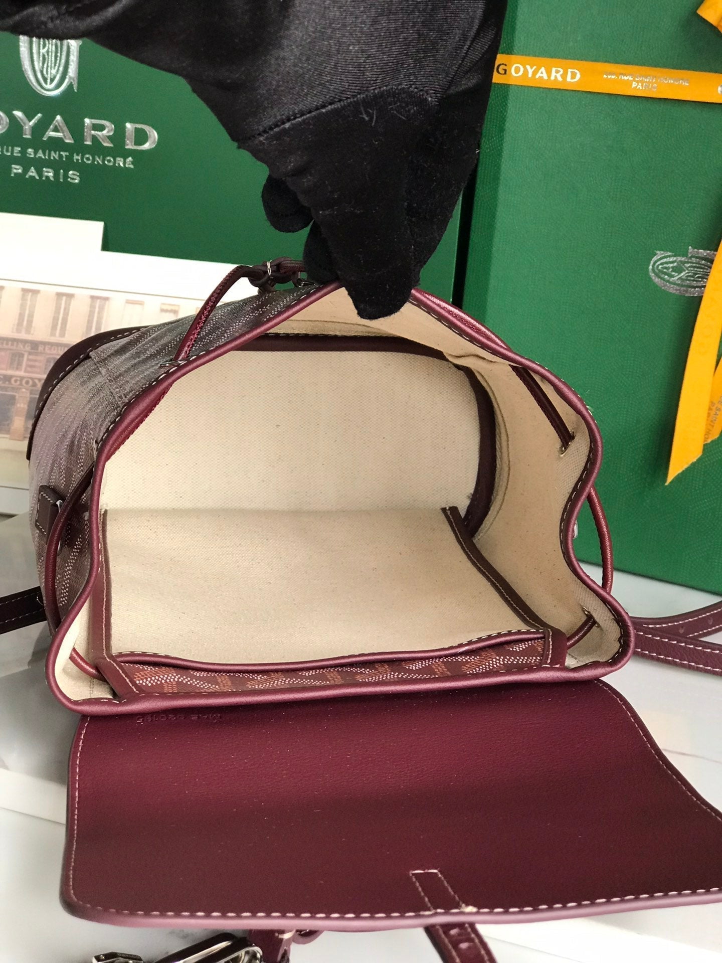 GOYARD ALPIN MINI BACKPACK 21 IN WINE RED LAMBSKIN AND GOYARDINE CANVAS