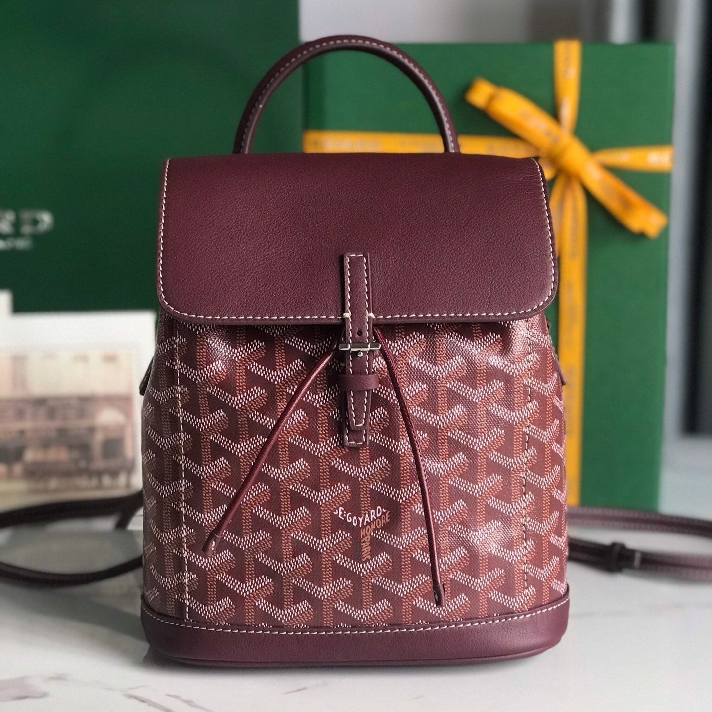 GOYARD ALPIN MINI BACKPACK 21 IN WINE RED LAMBSKIN AND GOYARDINE CANVAS