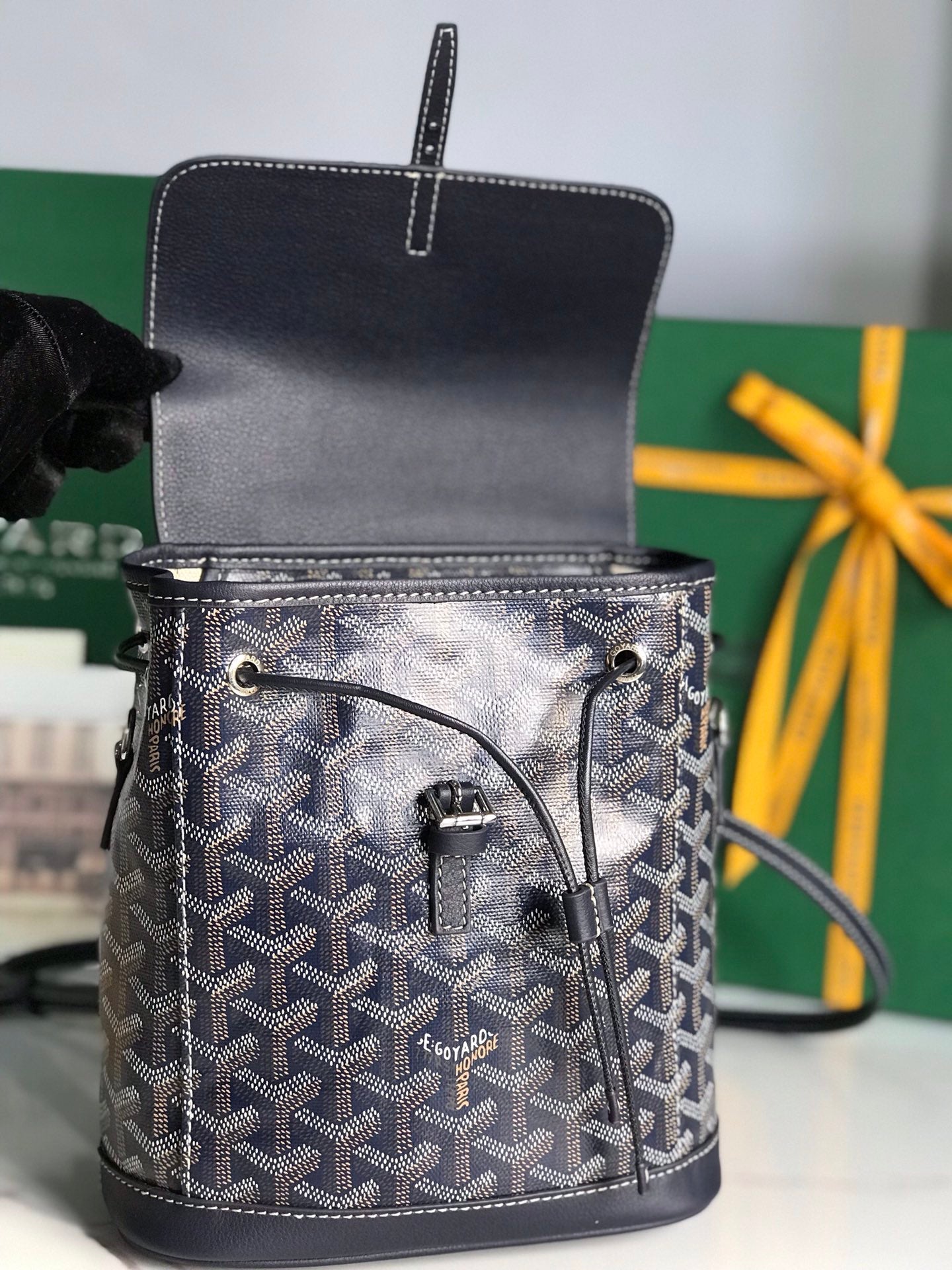 GOYARD ALPIN MINI BACKPACK 21 IN NAVY BLUE LAMBSKIN AND GOYARDINE CANVAS
