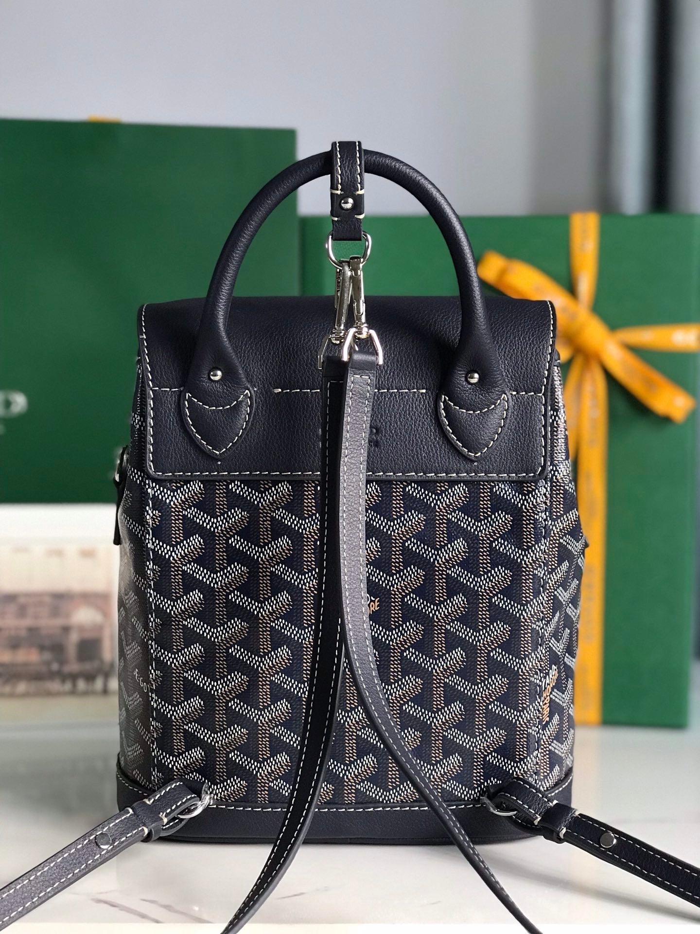 GOYARD ALPIN MINI BACKPACK 21 IN NAVY BLUE LAMBSKIN AND GOYARDINE CANVAS