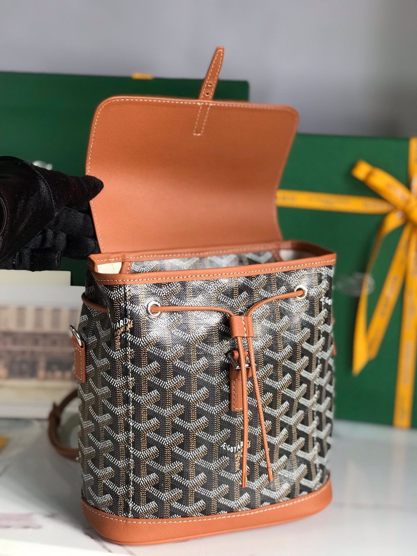 GOYARD ALPIN MINI BACKPACK 21 IN TAN LAMBSKIN AND BLACK GOYARDINE CANVAS
