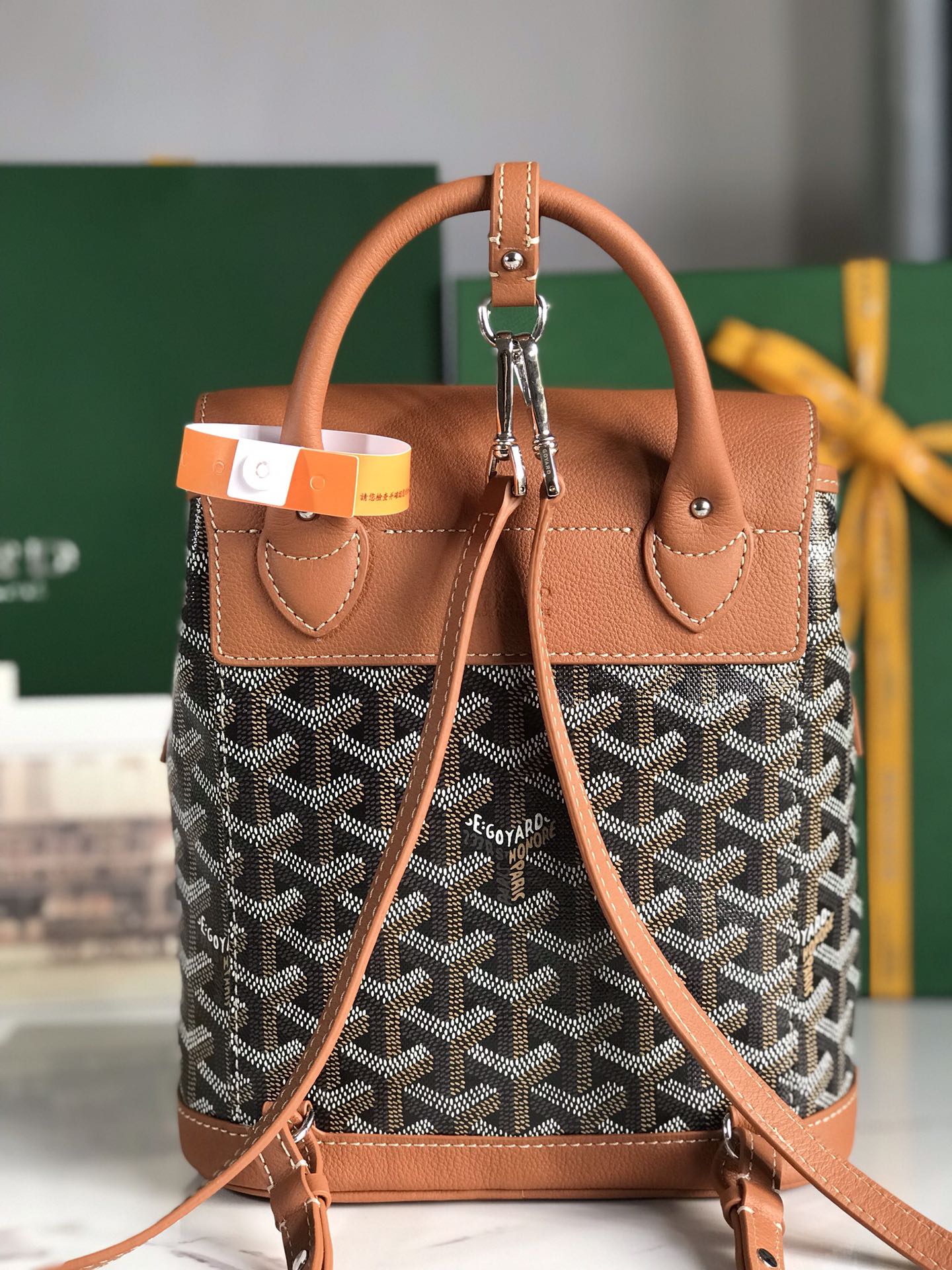 GOYARD ALPIN MINI BACKPACK 21 IN TAN LAMBSKIN AND BLACK GOYARDINE CANVAS