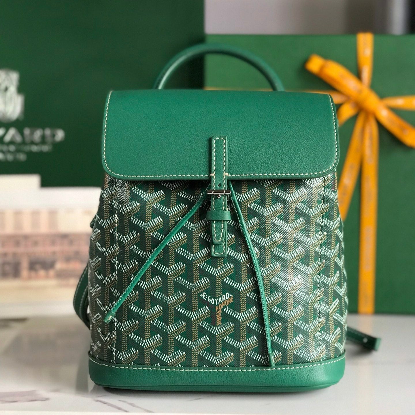 GOYARD ALPIN MINI BACKPACK 21 IN GREEN LAMBSKIN AND GOYARDINE CANVAS