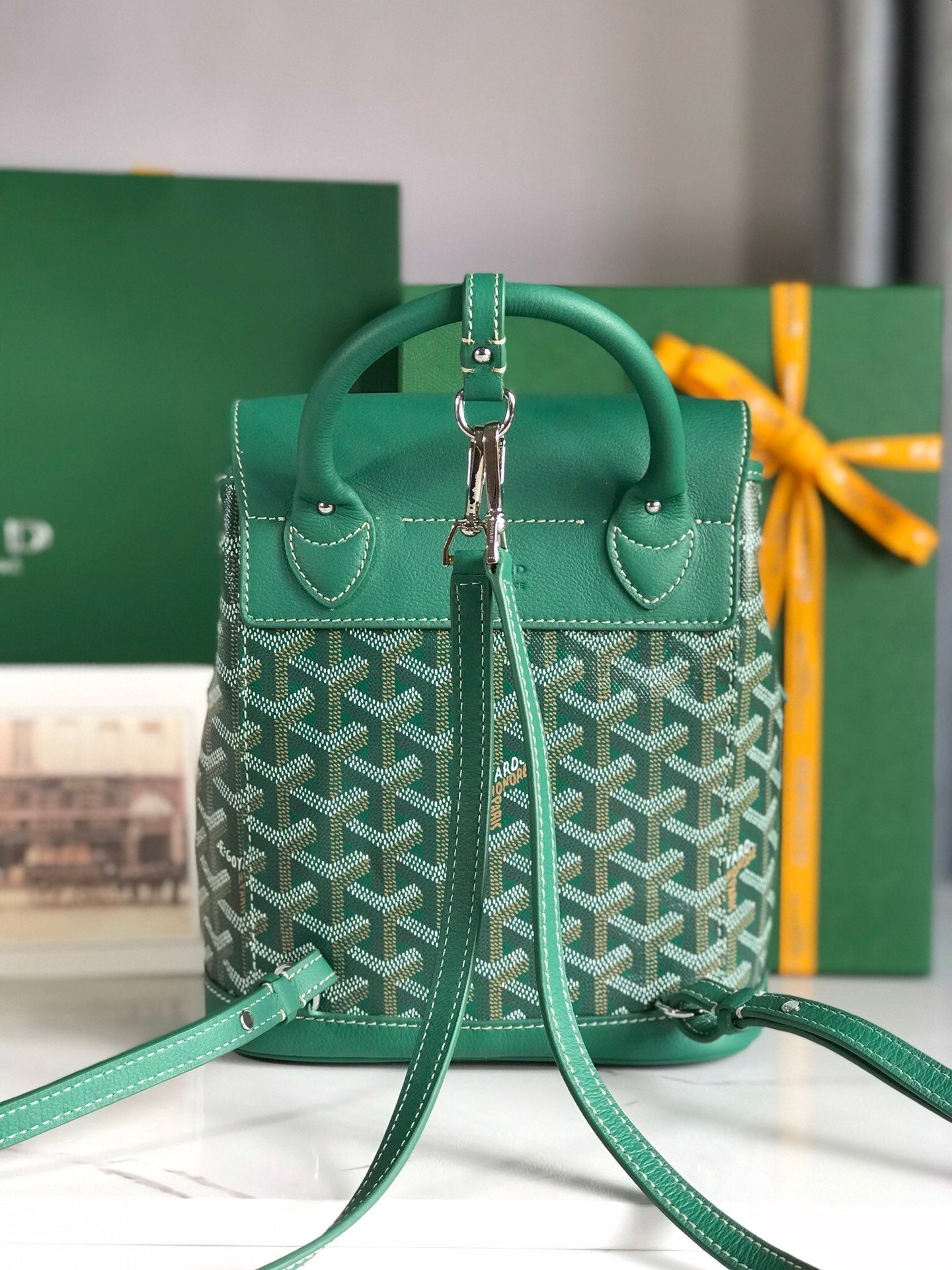 GOYARD ALPIN MINI BACKPACK 21 IN GREEN LAMBSKIN AND GOYARDINE CANVAS
